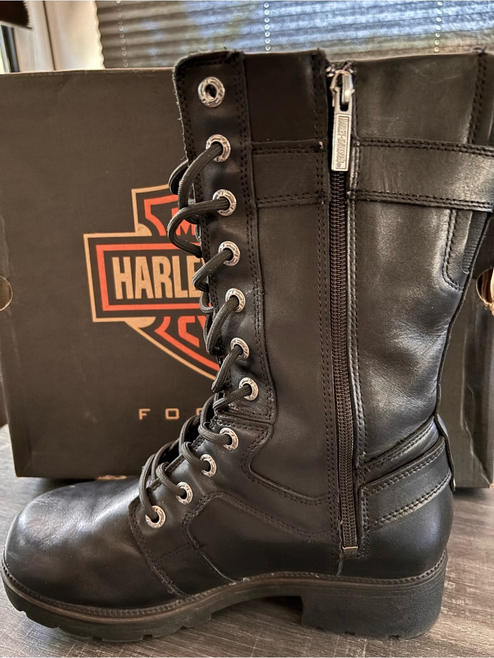 Harley-Davidson Black Lace-Up Moto Boots with Buckle Detail - Picture 3 of 4
